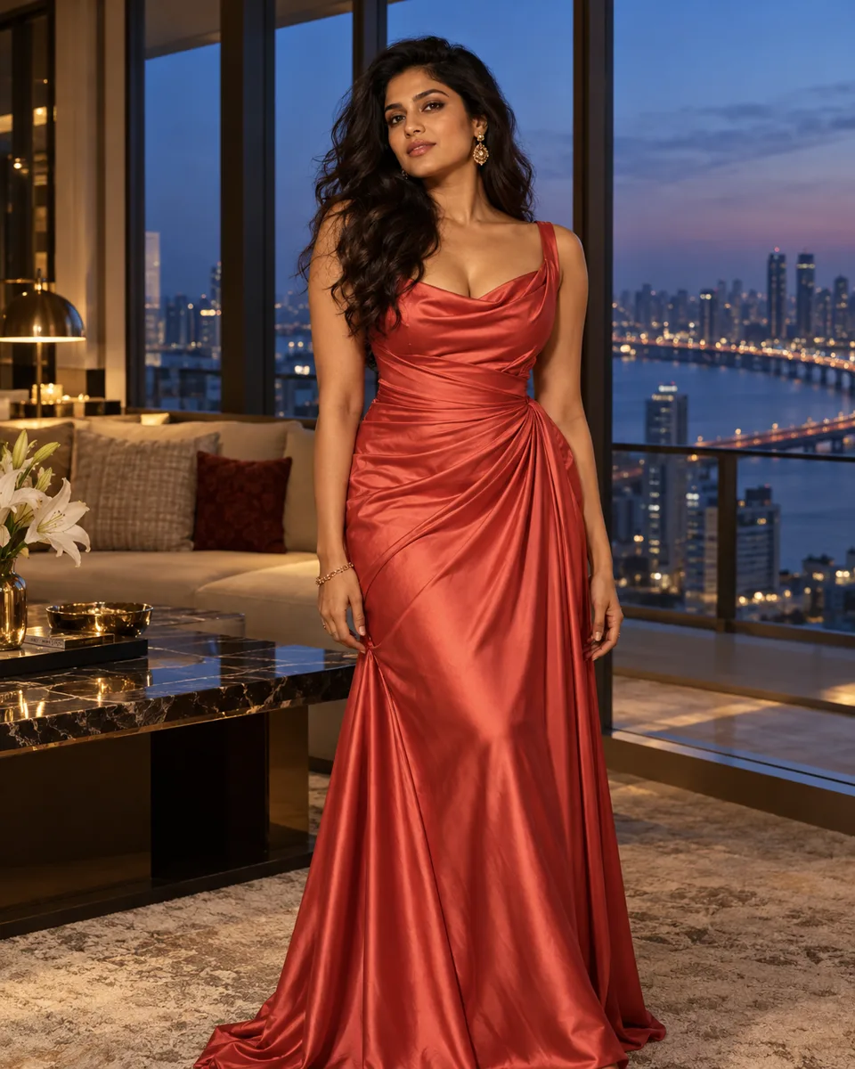 Fictional adult AI fashion creator in an evening gown overlooking Mumbai
